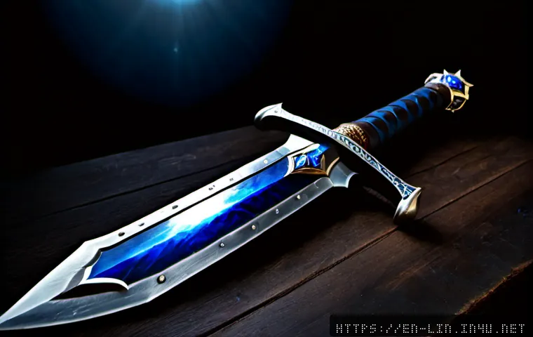 Home 30 리니지 희귀 장비 설명 - Photorealistic fantasy game equipment showcase, a rare enchanted longsword, ornate silver shield, de...