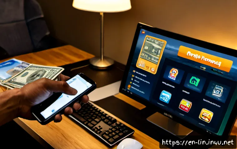 Home 17 리니지 중고 계정 거래 - Photorealistic home office scene showing an adult gamer securely transferring a pre-owned online gam...