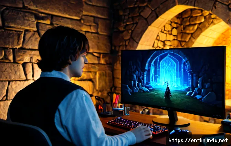 리니지 신규 콘텐츠 분석 - Photorealistic home gaming desk at night, a focused adult gamer studying a large monitor displaying ...