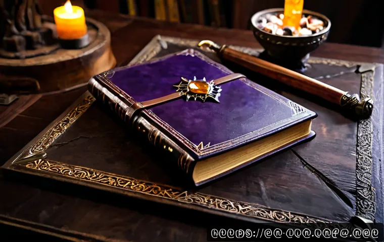 리니지 전설급 스킬북 설명 - Photorealistic fantasy gaming desk scene, an open leather-bound legendary spellbook glowing with ric...