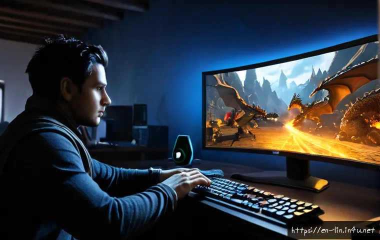 Home 17 리니지 신규 보스 공략법 - Photorealistic fantasy gaming scene of a focused adult player at a clean desktop setup, hands on key...