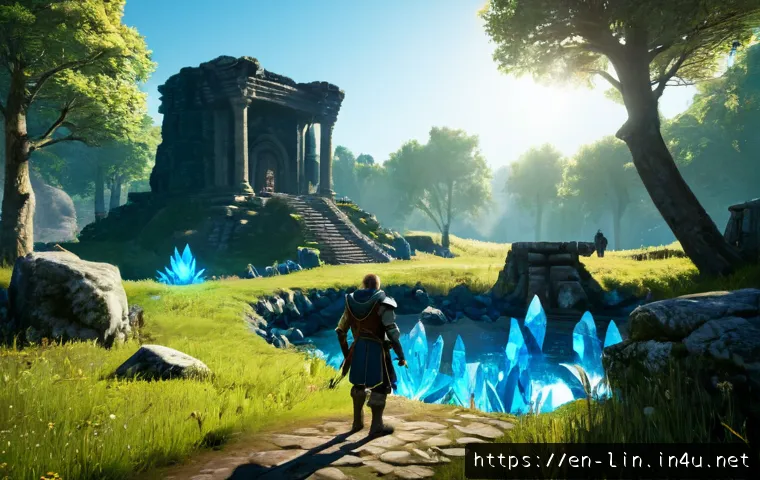 Home 30 리니지 경험치 농장 위치 - Photorealistic high-fantasy MMORPG experience farming location, a lone armored adventurer standing i...