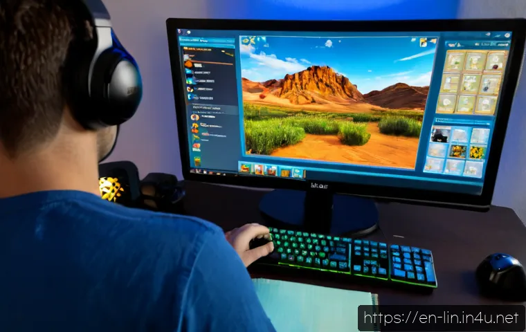Home 17 리니지 전문 사냥꾼 팁 - Photorealistic over-the-shoulder view of a focused adult gamer at a clean home desk, analyzing a fan...