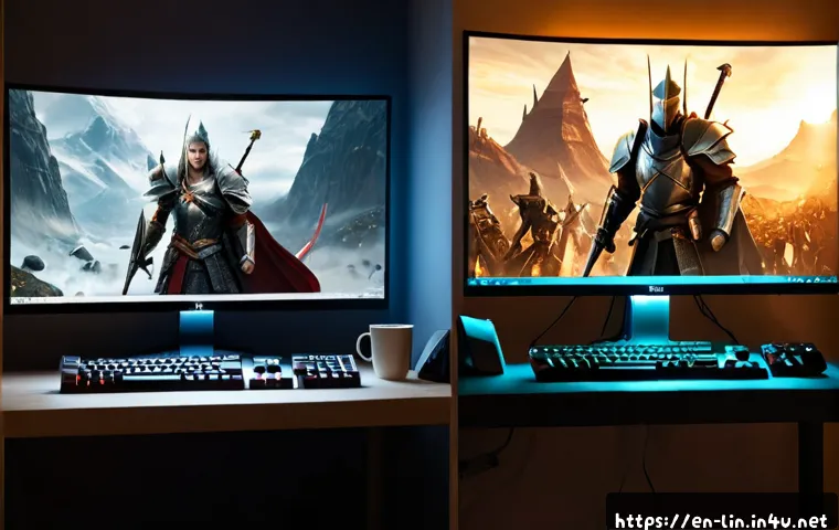 리니지 현질 대비 무과금 성과 - Photorealistic split-screen comparison of two fantasy MMORPG players at separate modern gaming desks...