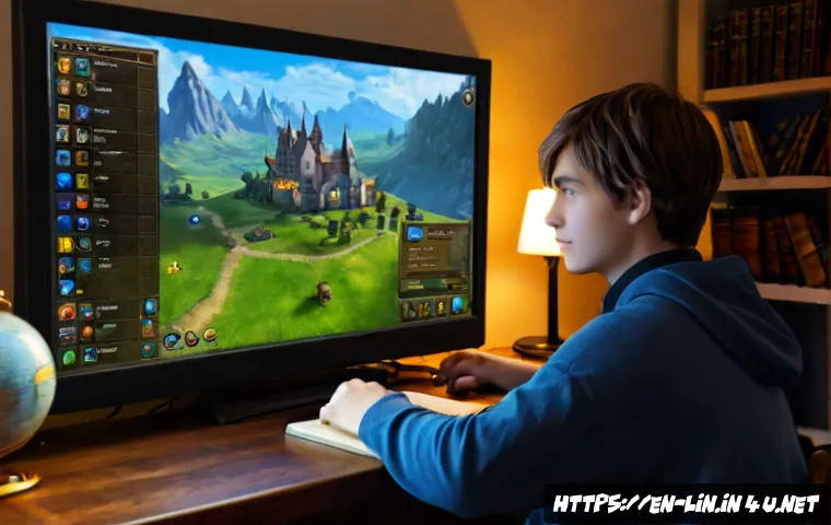 Home 17 리니지 초보자를 위한 가이드 - Photorealistic fantasy MMORPG beginner scene, a young adult player in a cozy modern living room stud...
